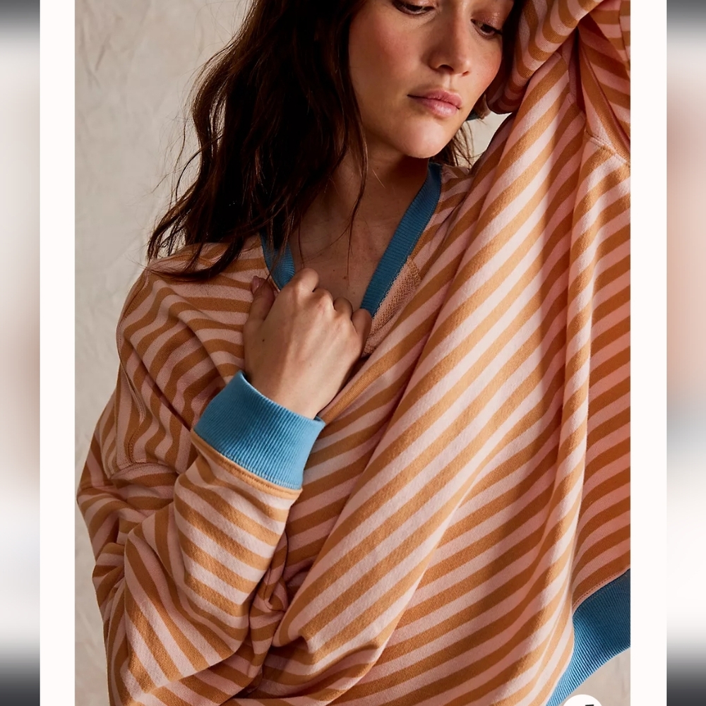 We The Free Peach and White Striped Hoodie with Blue Trim